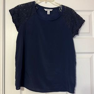 Navy blouse with lace sleeves, great condition